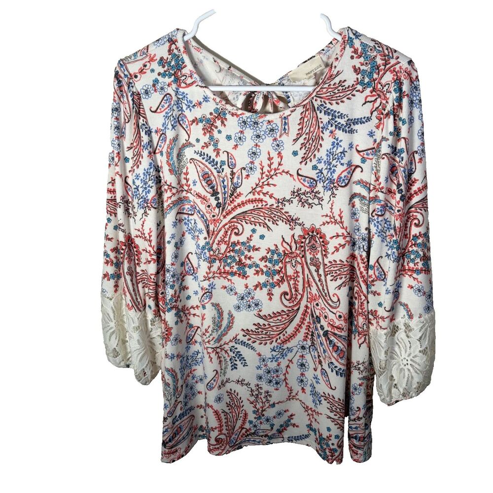 Dept 222 Blouse Women's Medium 3/4 Sleeve Lace Paisley Shirt Top Ribbed